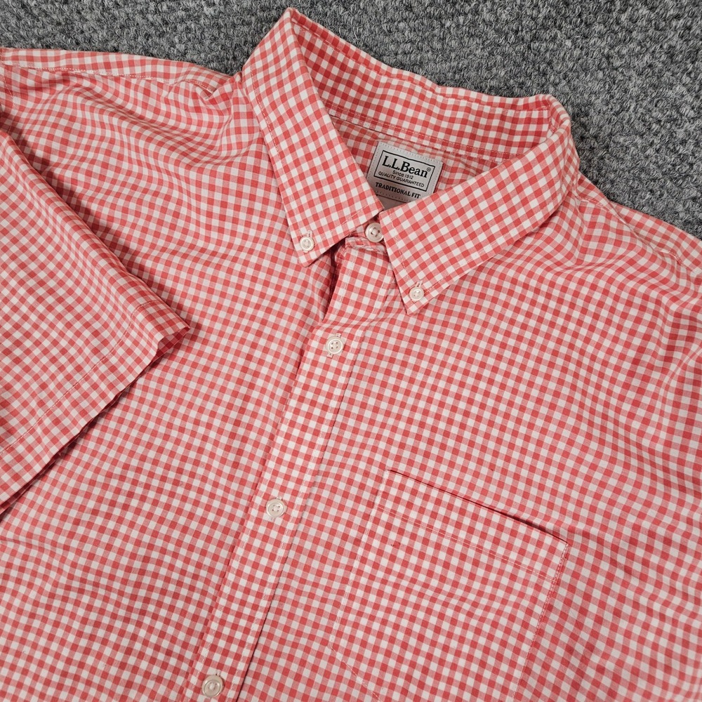 LL Bean Mens XXL Gingham Check Short Sleeve Button Down Shirt Red White‎